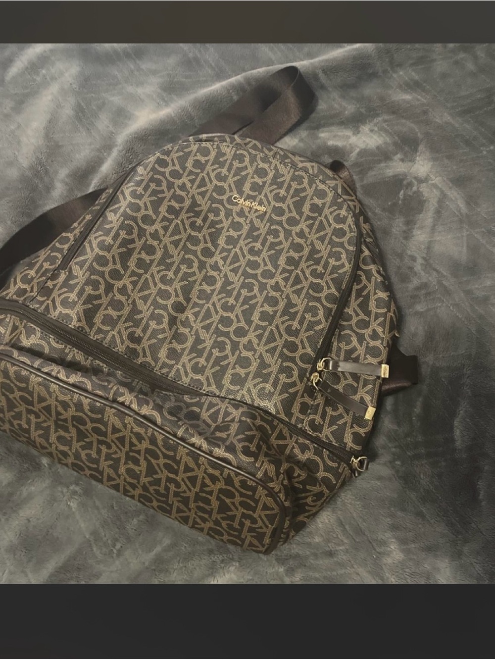 Calvin Klein Dark Brown Monogram Backpack with Gold Hardware